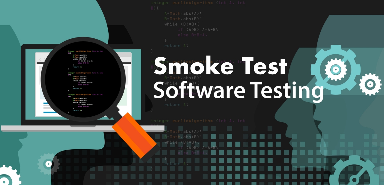 Smoke Test - Software Testing - Immagine che richiama le fasi di testing dello sviluppo software - Concept grafico con un PC e sopra una lente di ingrandimento che fa focus sul codice di programmazione che c'è dietro un software applicativo