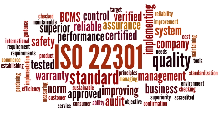 Business Continuity Management - Tag Cloud ISO 22301 - Immagine con tante parole chiave abbinate alla scritta ISO 22301 che si trova al centro (le parole chiave richiamano il tema della business continuity)