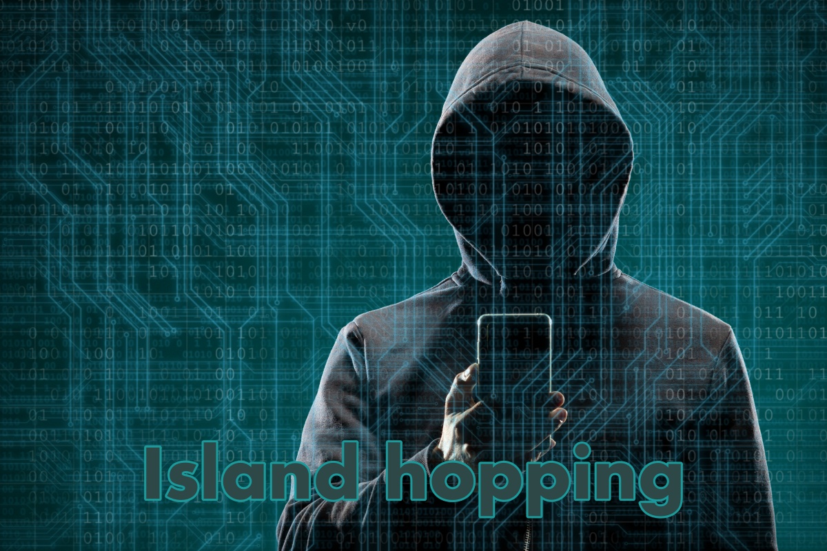 Island hopping - attacco cybersecurity - Illustrazione grafica che mostra un hacker incappucciato, con il volto oscurato, con in mano un telefonino e in sovra-impressione si vedono connessioni digitali e codice binario, a simboleggiare il mondo IT e digitale e un attacco contro la cyber security