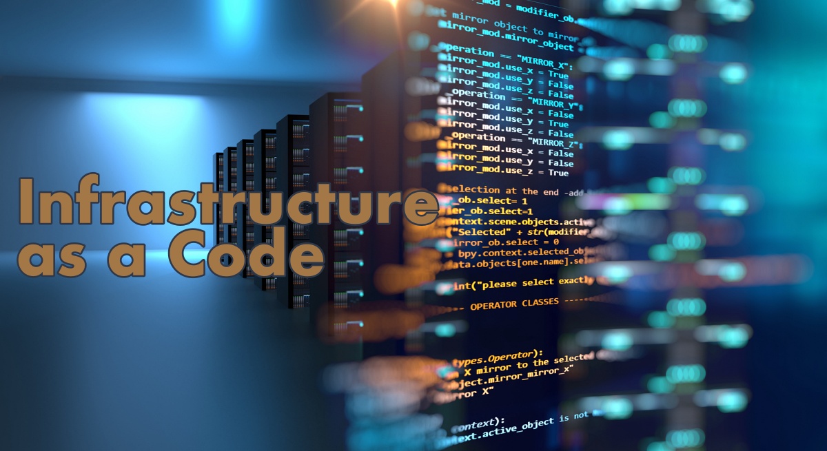 Infrastructure as a code - Immagine di una data center con infrastrutture IT sullo sfondo e linee di codice in sovra impressione.
