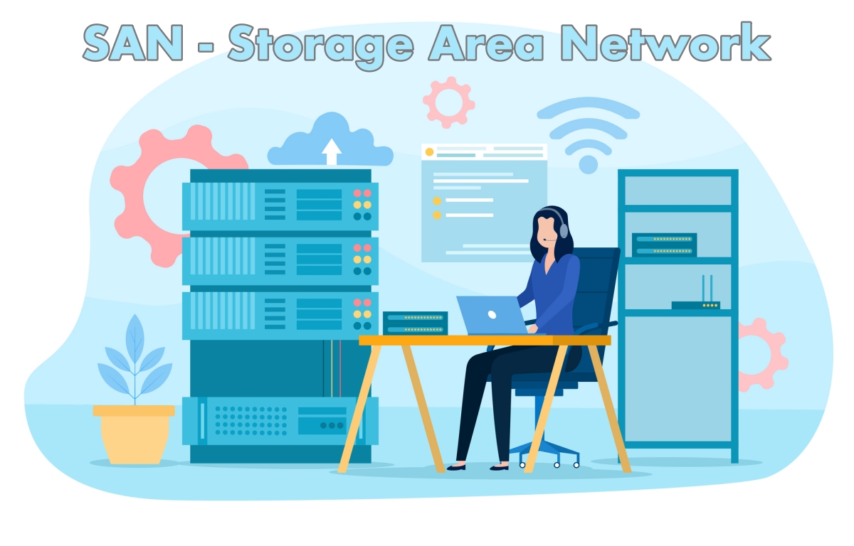 SAN - Storage Area Network - Illustrazione grafica che richiama come concept l'archiviazione dei dati su sistemi storage pensati per archiviare i dati di tutti i dispositivi connessi
