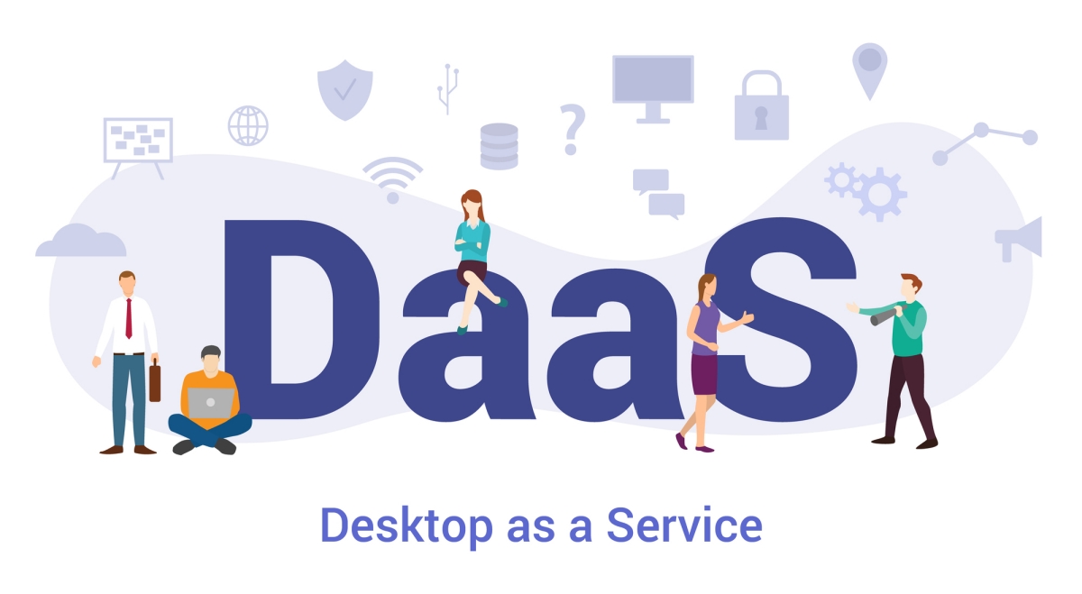 Desktop as a service - concept grafico - Immagine con diverse icone sullo sfondo che richiamano servizi digitali, al centro una scritta DaaS - Desktop as a Service