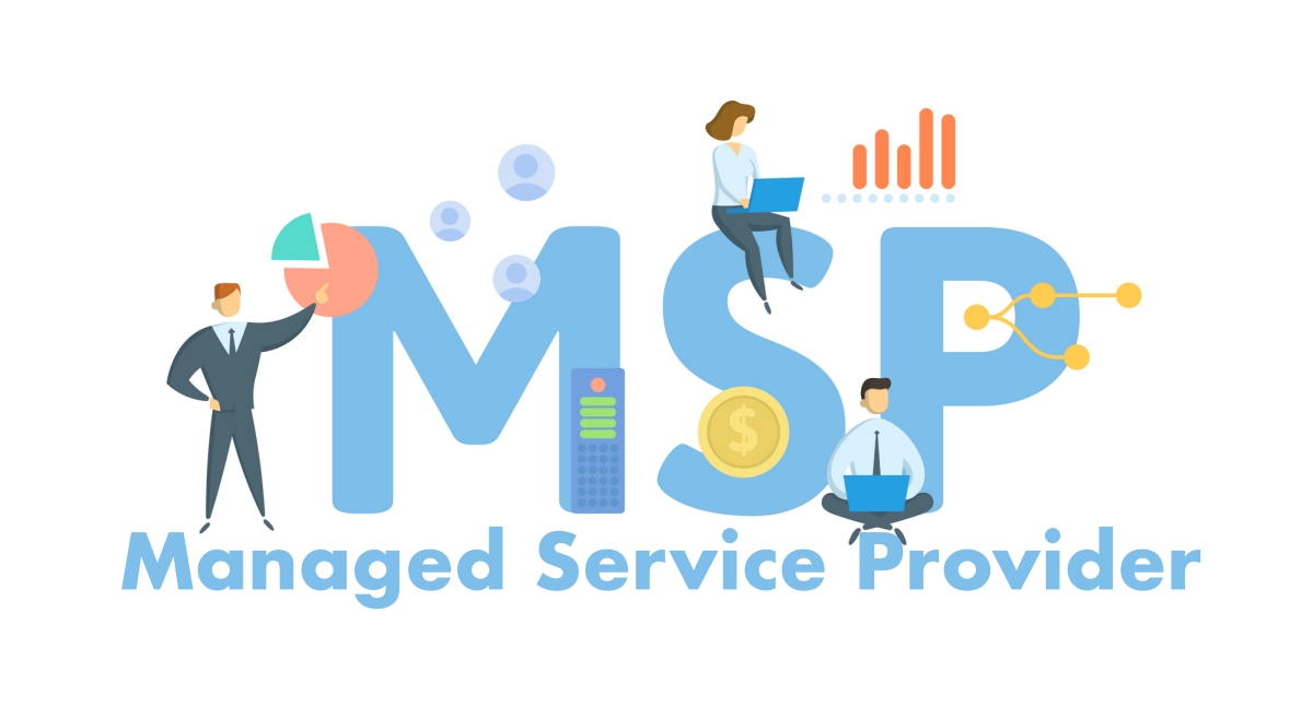 Managed Service Provider - illustrazione grafica con al centro le lettere MSP e sotto la scritta completa che evidenzia il significato dell'acronimo (Managed Service Provider). A corredo delle tre lettere MSP alcune icone grafiche che richiamano il concetto di servizi IT gestiti da provider esterni all'azienda