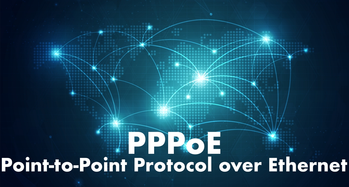 PPPoE - Point-to-Point Protocol over Ethernet - Concept grafico: mappa del mondo fatta a puntini azzurri su sfondo blu, con linee che connettono diversi luoghi, concept che richiama la connettività di rete Internet