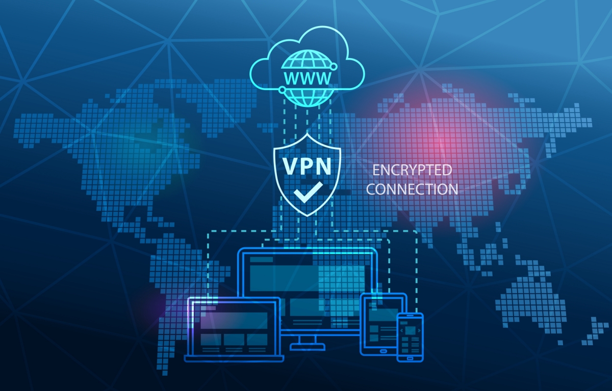 VPN aziendale - concept grafico - Immagine che fa comprendere cos'è una VPN, che lavorando a metà tra il Cloud e il Web ed i propri dispositivi, attraverso la crittografia dei dati rende sicura la navigazione e protegge i dispositivi